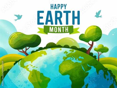 Happy earth month illustration with globe trees and birds on white background