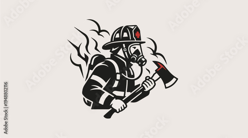 Brave Firefighter in Action with Axe and Smoke 1.
