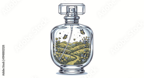 Fragrant Meadow Inside Perfume Bottle, Scenic Landscape Illustration