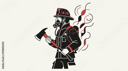 Brave Firefighter in Action with Axe and Smoke.