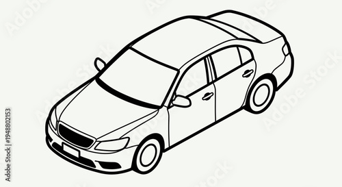Isometric illustration of a sedan automobile in black and white