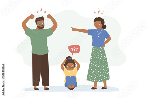 Father and mother yelling and conflict, unhappy daughter crying. Angry parents and little scared kid. Unhappy girl crying. Toxic relationship in family, misunderstand.