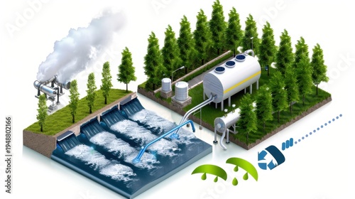 Illustration of Renewable Energy Sources with Water Treatment and Eco-Friendly Technologies in a Green Landscape