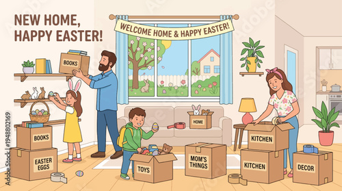Family Moving into New Home and Celebrating Easter with Boxes, Decorations, and Spring Landscape View from Window Vector Illustration