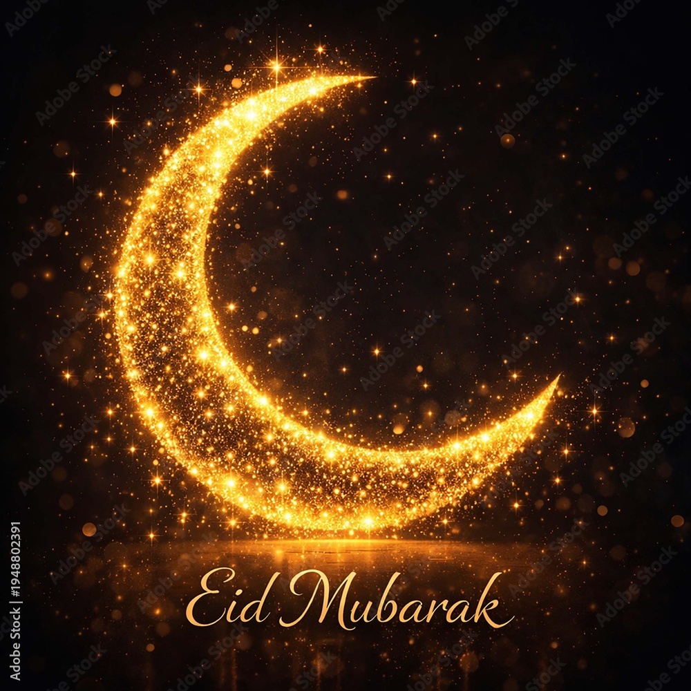 Fototapeta premium Elegant Eid Mubarak Islamic greeting background with crescent moon and mosque silhouette