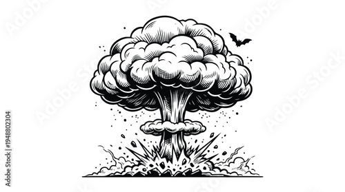 Explosion Mushroom Cloud Black and White Illustration 1.