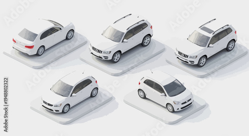 Isometric view of five white cars on display against a simple background