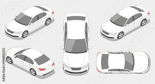 Isometric view of a white sedan car set isolated on a light background