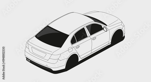 Isometric view of a white sedan car without wheels on a plain background