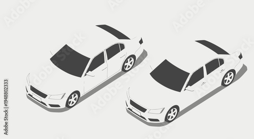 Isometric view of two white cars for transportation and travel concepts