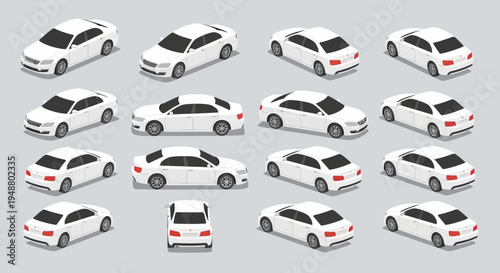Isometric view of white cars in multiple perspectives on a grey background
