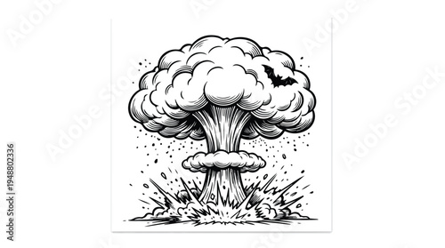 Explosion Mushroom Cloud Black and White Illustration 2.