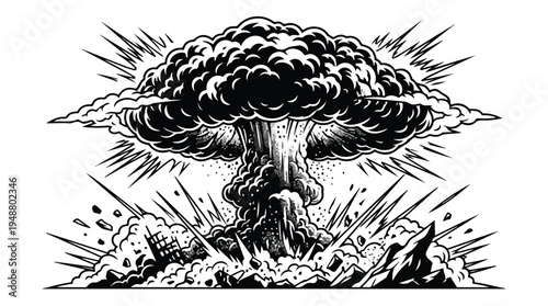 Explosion Mushroom Cloud Black and White Illustration.
