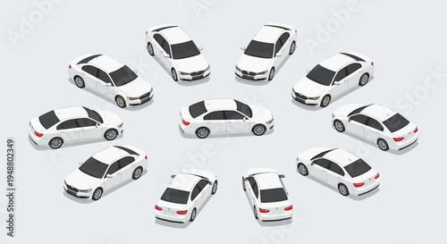 Isometric view of white sedans arranged in a circle on a neutral background