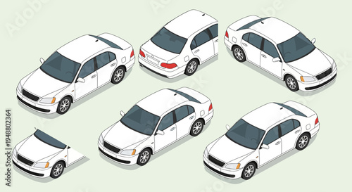 Isometric view of white sedans on a light green background for transportation concepts