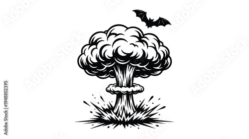 Explosion Mushroom Cloud with Bat Silhouette.