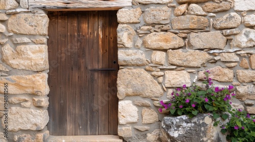 Rustic wooden door in a stone wall with vibrant purple flowers enhancing the charming countryside aesthetic of an old building