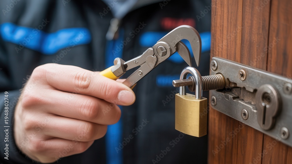 Fototapeta premium Locksmith using bolt cutters to cut a padlock on a wooden door