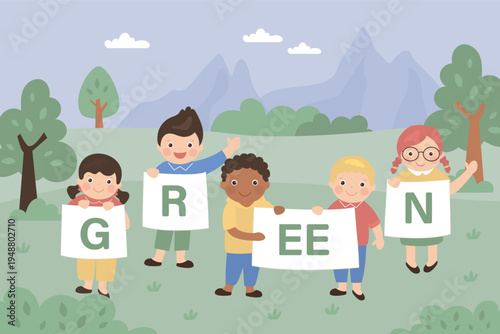 Ecology friendly, happy multiethnic kids holding placard - GREEN. ECO friendly children. Small volunteers, friends, classmates on nature