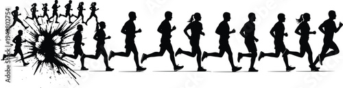 Running people silhouettes set with splash isolated on white background, marathon runners group active sport fitness vector illustration collection.