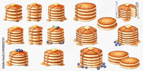 Set of delicious fluffy pancakes with syrup, butter, and blueberries, perfect for breakfast or brunch.