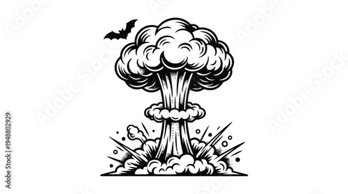 Mushroom Cloud Explosion with Bat Silhouette Vector Illustration.
