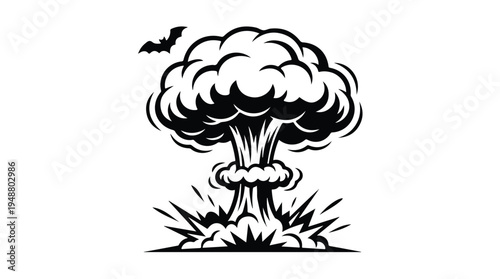 Nuclear Explosion Mushroom Cloud with Bat Silhouette.
