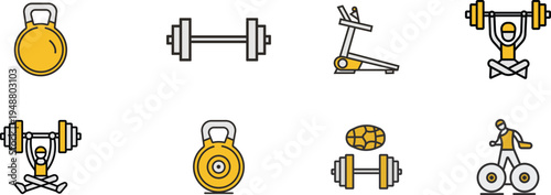 Collection of various gym equipment icons isolated on transparent background