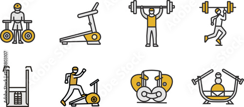Seven gym workout icons isolated on transparent background