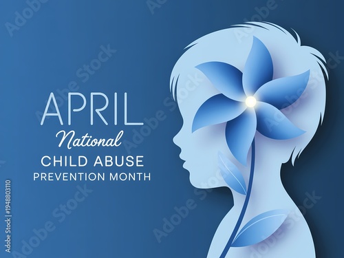April national child abuse prevention month awareness campaign symbol with blue flower and child silhouette on blue background