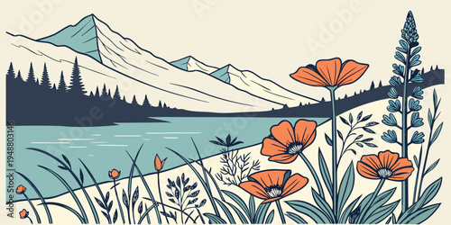 Botanical illustration of summer wildflowers by a mountain lake. Vector 