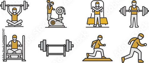 Set of six construction workers exercising with weights isolated on transparent background