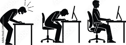 Set of silhouettes showing bad and good office posture, ergonomic versus unhealthy sitting positions at a desk, isolated on white