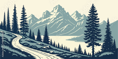 Clean vector layout of alpine meadow and mountain lake shore