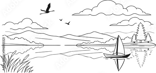 Minimalist vector art of cloud reflections on a tranquil lake.