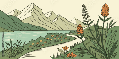 Vector illustration focusing on foreground botanical details of stylised lakeside flora set against clean-lined mountain peaks and water.