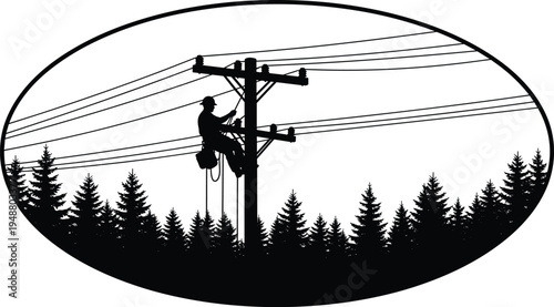 Silhouette of utility worker climbing power pole, forest background, electricity maintenance, safety gear, energy infrastructure, electrical distribution, industrial technology, teamwork