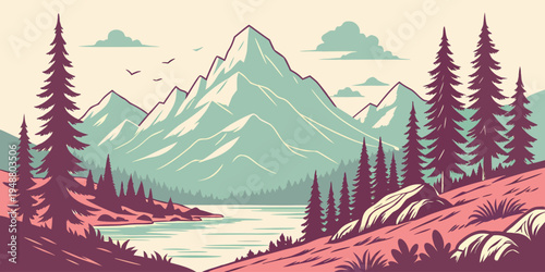 Pastel-toned flat vector poster of mountain lake scenery.