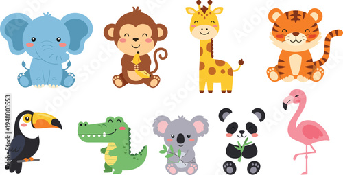 Cartoon Jungle Animals Illustration Set Featuring Elephant, Monkey, Giraffe, Tiger, Toucan, Crocodile, Koala, Panda, and Flamingo for Kids’ Designs
