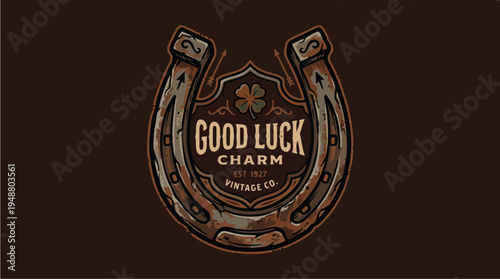 Vintage Good Luck Charm Horseshoe Emblem with Clover.