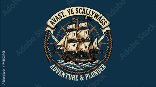 Vintage Pirate Ship Emblem with Nautical Theme.