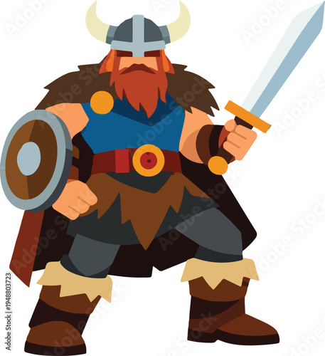 Viking Warrior Holding Sword Full Body Illustration featuring Fierce Nordic Character in Traditional Armor for Fantasy and Historical Graphic Design