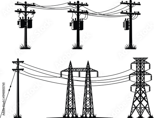 Silhouette Set of Electrical Utility Poles with Transformers and High Voltage Transmission Towers with Power Lines for Energy Distribution and Infrastructure Concept