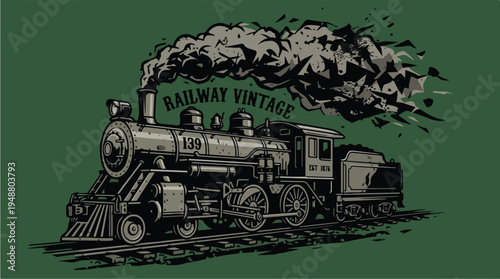 Vintage Steam Locomotive Train with Smoke Illustration.