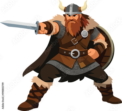 Viking Warrior Ready For Battle Holding Sword Full Body Illustration featuring Fierce Norse Character in Traditional Armor for Fantasy and Historical Graphic Design