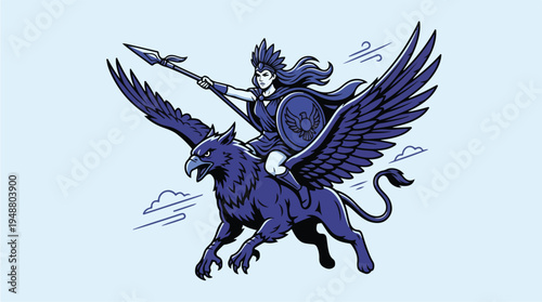 Warrior Woman Riding a Majestic Griffin in Flight.