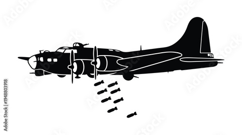 World War II Bomber Plane Dropping Bombs Silhouette.