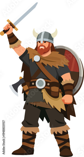 Viking Soldier Standing With Sword Full Body Illustration featuring Fierce Norse Warrior in Traditional Armor for Historical and Fantasy Graphic Design