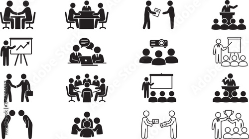 Business meeting presentation icons set, teamwork communication corporate discussion and training silhouette vector collection