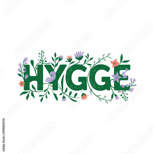 Hygge Green Floral Scandinavian Typography Cozy Lifestyle Vector Illustration